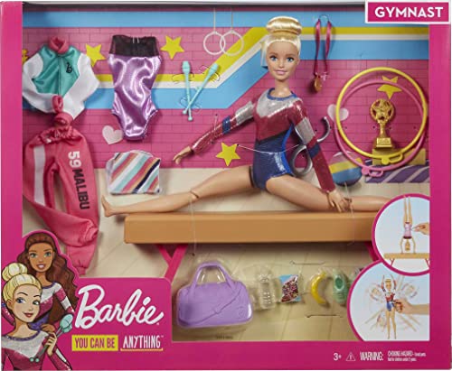 Barbie Gymnastics Playset with Doll and 15+ Accessories, Twirling Gymnast Toy with Balance Beam, Blonde Doll