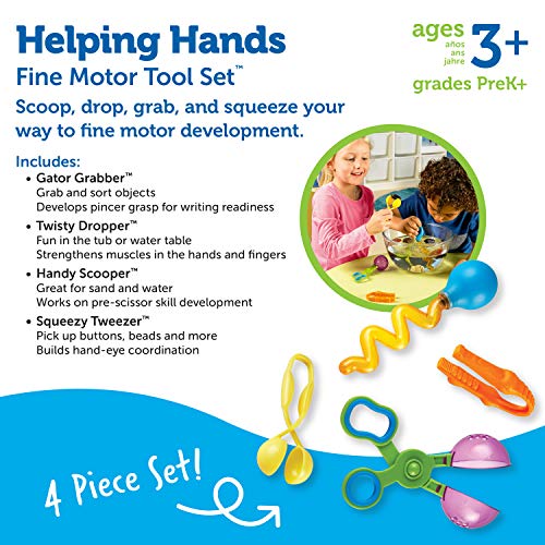 Learning Resources Helping Hands Fine Motor Tool Set Toy - 4 Pieces, Ages 3+ Fine Motor and Sensory Play Toys, Toddler Tweezers, Sensory Bin Toys