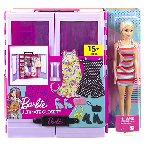 Barbie Fashionistas Doll and Playset, Ultimate Closet with Barbie Clothes (3 Outfits) and Fashion Accessories Including 6 Hangers