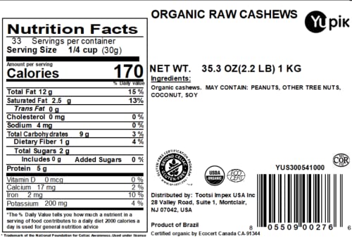 Yupik Nuts Organic Raw Cashews, 2.2 lb, Non-GMO, Vegan, Gluten-Free