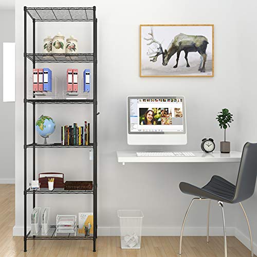 Homdox 6-Tier Storage Shelf Wire Shelving Unit Free Standing Rack Organization Adjustable Leveling Feet, Stainless Side Hooks, Black