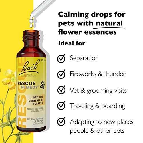 Bach RESCUE REMEDY PET Dropper 20mL, Natural Stress Relief, Calming for Dogs, Cats, and Other Pets, Homeopathic Flower Essence, Thunder, Fireworks and Travel, Separation, Sedative-Free