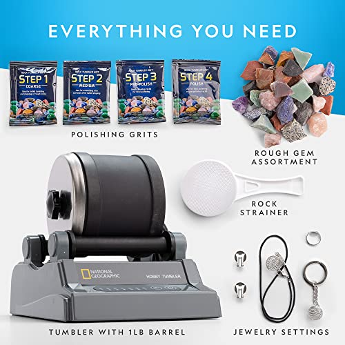 NATIONAL GEOGRAPHIC Rock Tumbler Kit – Hobby Edition Includes Rough Gemstones, and 4 Polishing Grits, Great STEM Science Kit for Geology Enthusiasts, Rock Polisher for Kids and Adults