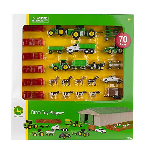 TOMY John Deere Die-Cast Farm Toy 70-Piece Value Playset with Machine Shed, Tractors, Trucks, Implements, and Farm Animals
