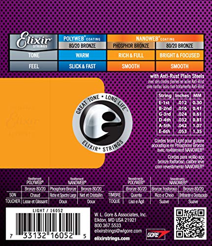 Elixir 16052 Strings Phosphor Bronze Acoustic Guitar Strings w NANOWEB Coating, Light (.012-.053)