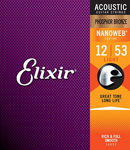 Elixir 16052 Strings Phosphor Bronze Acoustic Guitar Strings w NANOWEB Coating, Light (.012-.053)