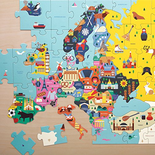 Mudpuppy Map of Europe Puzzle, 70 Pieces, 22”x17.25” – Perfect for Kids Age 5-9 - Learn Countries of Europe by Name, Shape, Location – Double-Sided Geography Puzzle with Pieces Shaped as Countries