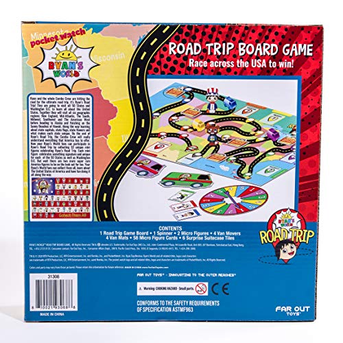 Far Out Toys Ryan’s World Road Trip Board Game, A Journey Through All 50 US States, Educational Adventure, Cities, Towns, Geography, Collectible Micro Figures and Cards, Surprise Suitcase Tiles, Ages 3+