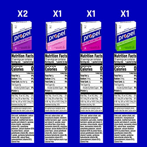 Propel Powder Packets 4 Flavor Variety Pack With Electrolytes, Vitamins and No Sugar 10 Count (Pack of 5) (Packaging May Vary)