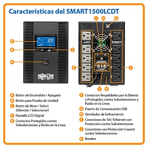 Tripp Lite SMART1500LCDT 1500VA 900W UPS Battery Back Up, AVR, LCD Display, Line-Interactive, 10 Outlets, 120V, USB, Tel and Coax Protection, 3 Year Warranty and Dollar 250,000 Insurance Black