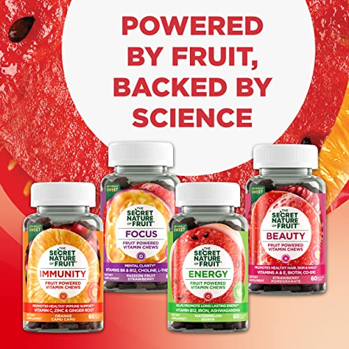 The Secret Nature of Fruit Beauty Chews, Real Fruit Powered Vitamin Chews with Vitamins A and E, Biotin, CoQ10, Strawberry and Pomegranate for Healthy Hair, Skin and Nails, Gummy, (60 Count)