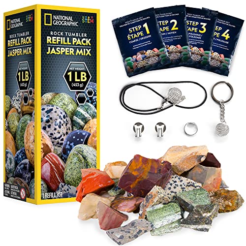 NATIONAL GEOGRAPHIC Rock Tumbler Refill Kit - Jasper Rocks for Tumbling - 8 Varieties including Mookaite and Kabamba - Rock Tumbler Supplies include Rock Tumbler Grit and Jewelry Accessories