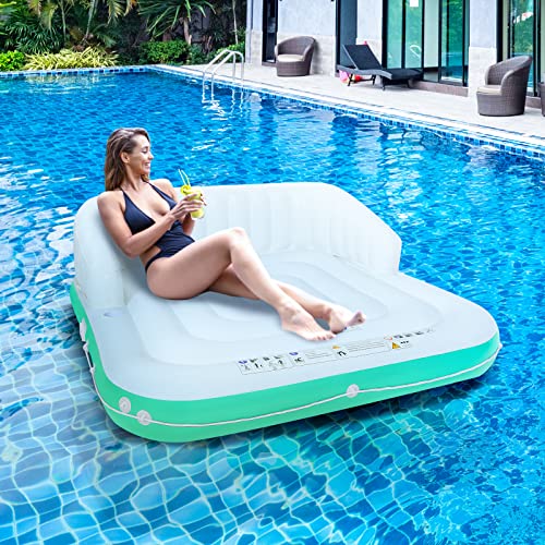 YUSING Inflatable Pool Floats, 2-3 Person Giant Pool Float Lounger with UPF50 Retractable Canopy and Cup Holder for Adults and Kids, Floating Island for Indoor and Outdoor