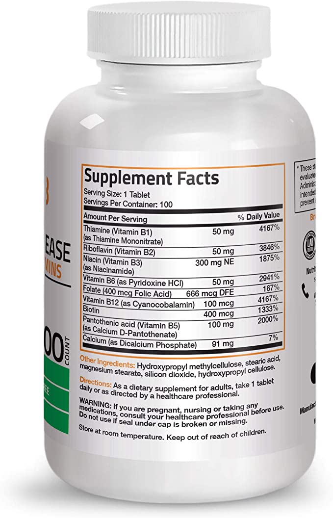 Bronson Super B Vitamin B Complex Sustained Slow Release (Vitamin B1, B2, B3, B6, B9 - Folic Acid, B12) Contains All B Vitamins 250 Tablets