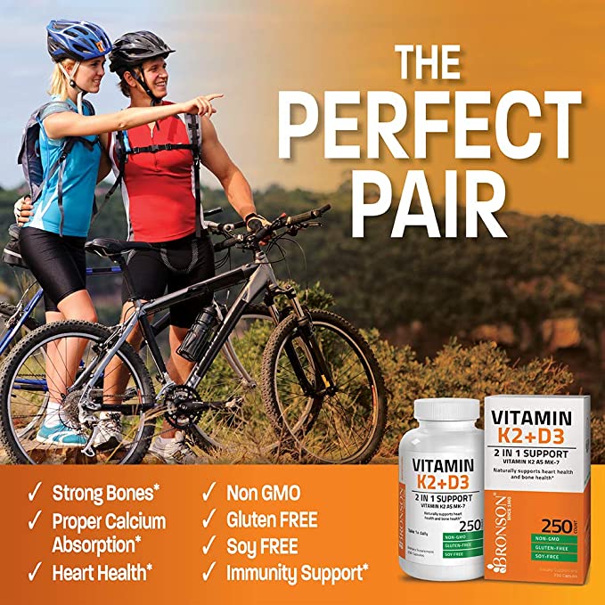 Bronson Vitamin K2 (MK7) with D3 Supplement Non-GMO Formula 5000 IU Vitamin D3 and 90 mcg Vitamin K2 MK-7 Easy to Swallow Vitamin D and K Complex, 250 Capsules