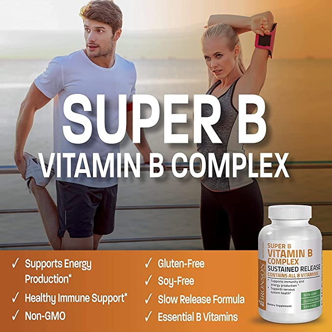 Bronson Super B Vitamin B Complex Sustained Slow Release (Vitamin B1, B2, B3, B6, B9 - Folic Acid, B12) Contains All B Vitamins 250 Tablets