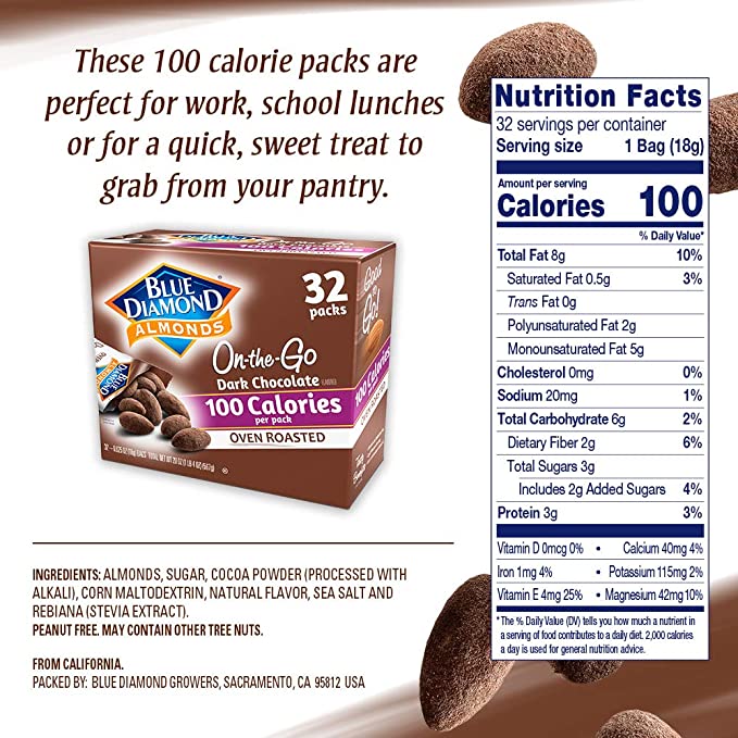 Blue Diamond Almonds Dark Chocolate Cocoa Dusted Snack Nuts, 100 Calorie Packs, 32 Count