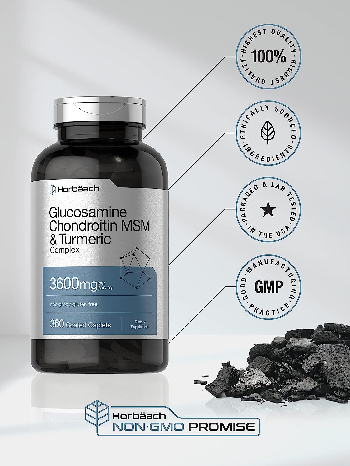 Glucosamine Chondroitin | 3600 mg | 360 Caplets | MSM and Turmeric | Advanced Formula | Non-GMO, Gluten Free | by Horbaach