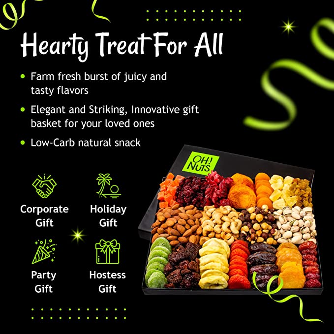 Oh! Nuts - XL 18 Variety Nut and Dried Fruit Basket | Gourmet Holiday Kosher Gift Box - Food Snack Box for Birthday, Anniversary, Corporate Gift for Men, Women, Mom, Dad