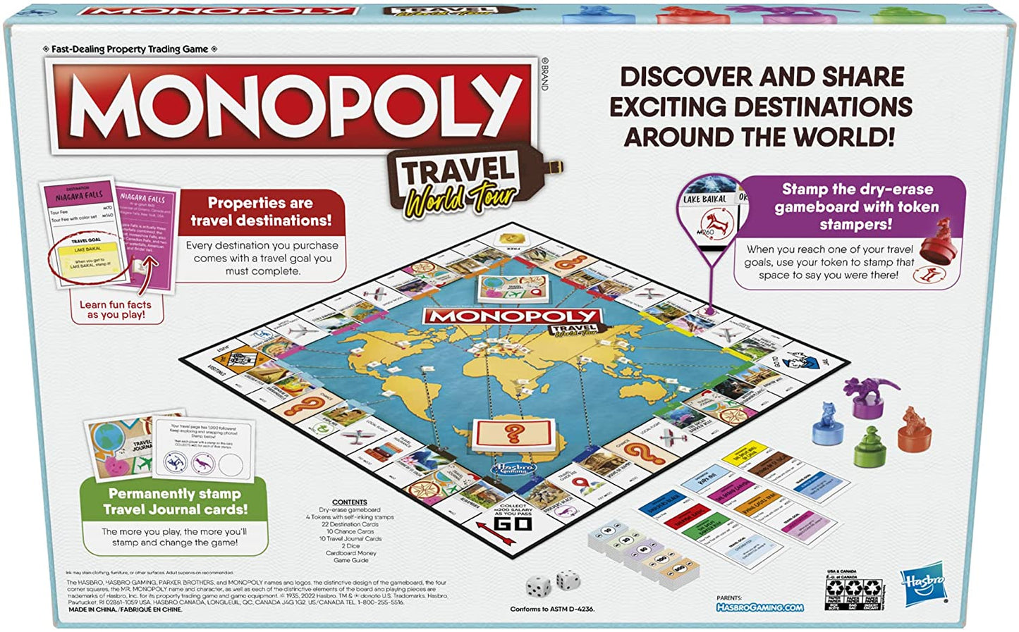 Monopoly World Tour Board Game with Token Stampers and Dry-Erase Gameboard for Family Game Night