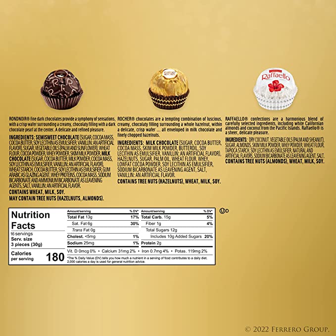 Ferrero Collection Premium Gourmet Assorted Hazelnut Milk Chocolate, Dark Chocolate and Coconut, Great Holiday Gift Box, 18.2 oz, 48 Count