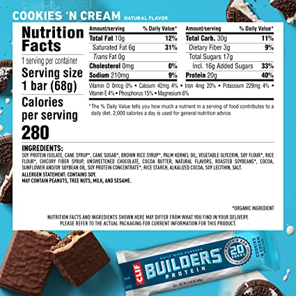 CLIF BUILDERS - Protein Bars - Cookies and Cream - 20g Protein - Gluten Free (2.4 Ounce, 12 Count)