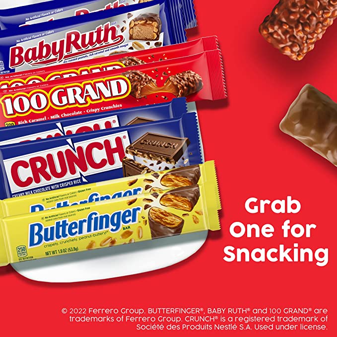 Butterfinger, CRUNCH, Baby Ruth and 100 Grand—Assorted Full Size Chocolate Candy Bars—Great for Halloween Candy—48 oz—Bulk 28 Pack
