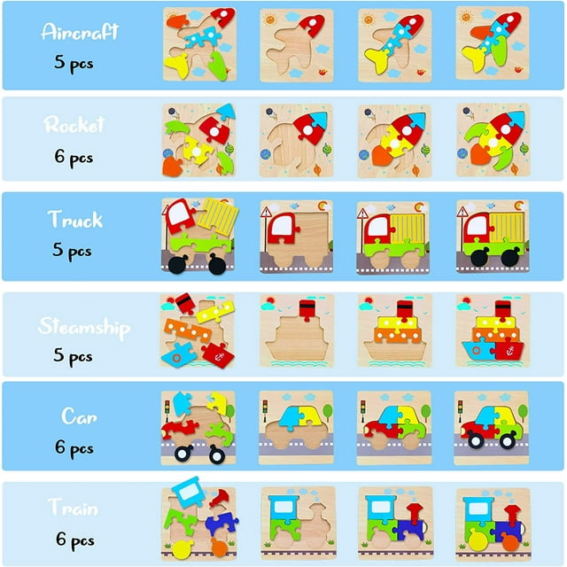Wooden Toddler Puzzles Gifts Toys, 1 2 3 Yr Old Boy Girl 6 Vehicle Shape Educational Jigsaw puzzles