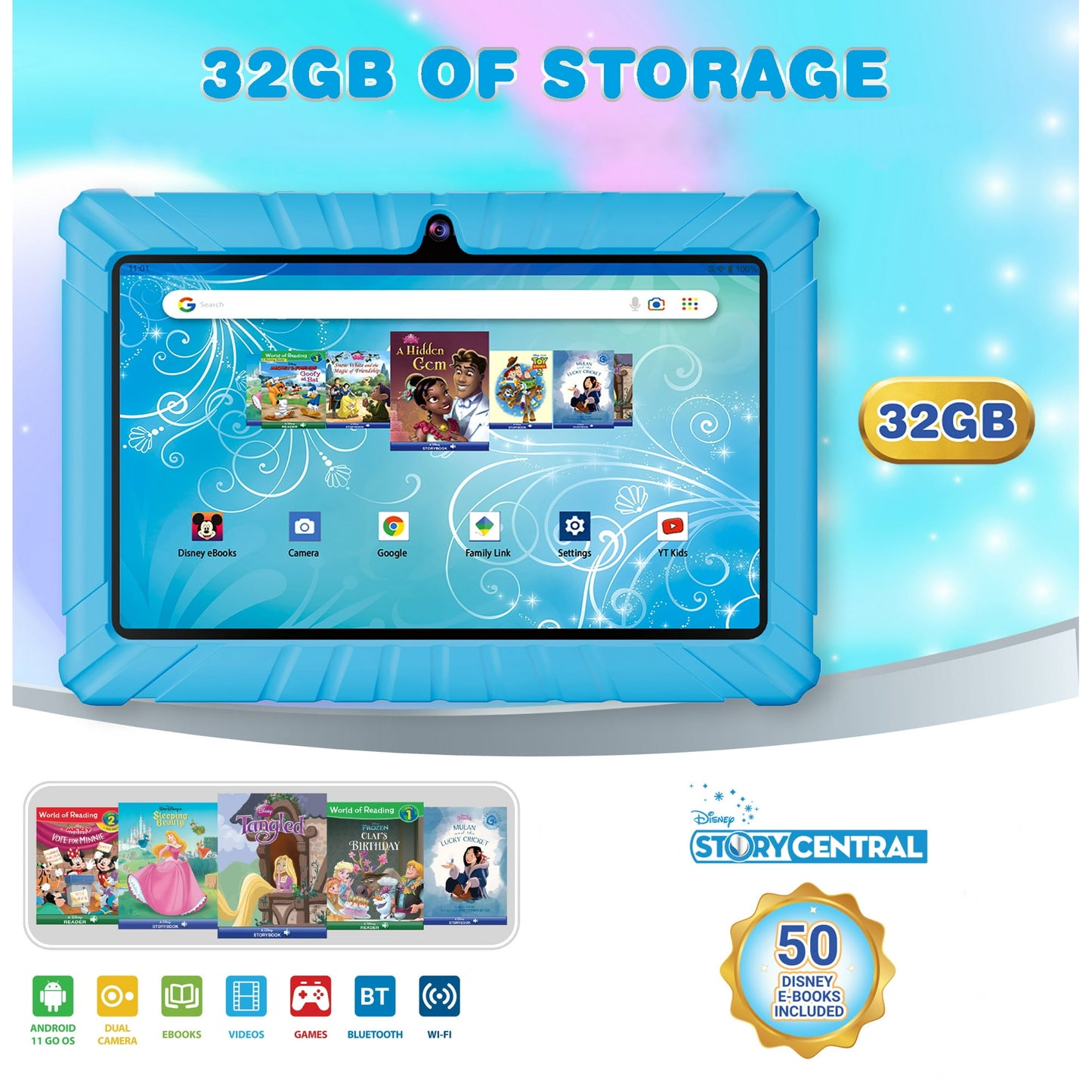Contixo 7 inches Android Kids Tablet 32GB, Includes 50+ Disney Storybooks and Stickers , Kid-Proof Case, (2023 Model) - Blue