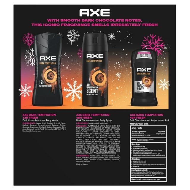 AXE Dark Temptation Holiday Gift Pack for Men Includes Dark Chocolate Scented Body Spray, Antiperspirant Stick, and Body Wash, 3 Count