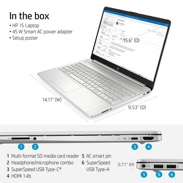 HP 15.6 inches FHD Laptop, Intel Core i5-1135G7, 8GB RAM, 256GB SSD, Silver, Windows 11 Home, 15-dy2795wm