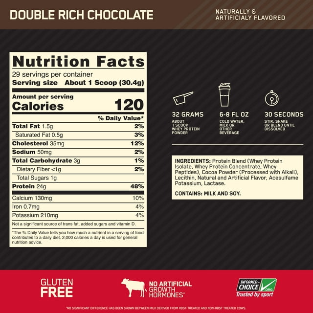 Optimum Nutrition, Gold Standard 100% Whey Protein Powder, Double Rich Chocolate, 2 lb, 29 Servings