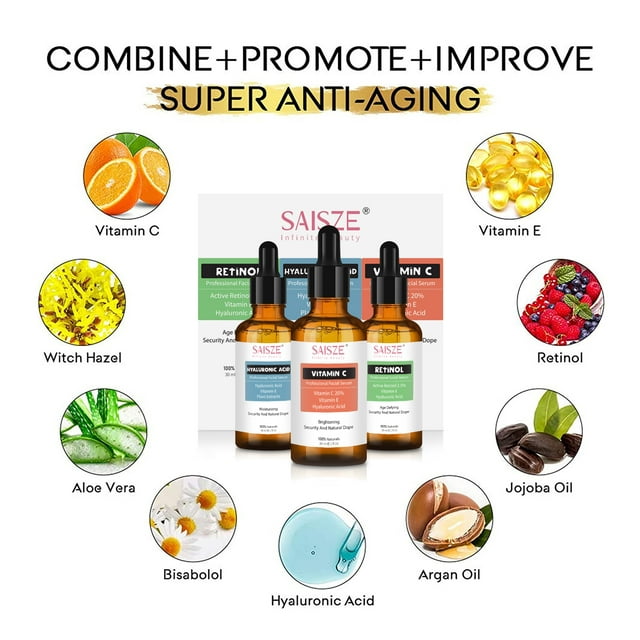 Saisze Anti Aging Serum Kit Face Serum Facial Serum, Retinol Serum and Vitamin C Serum and Hyaluronic Acid Serum, for Firming, Hydrating for Face Day and Night, Facial Serum Gift Setf