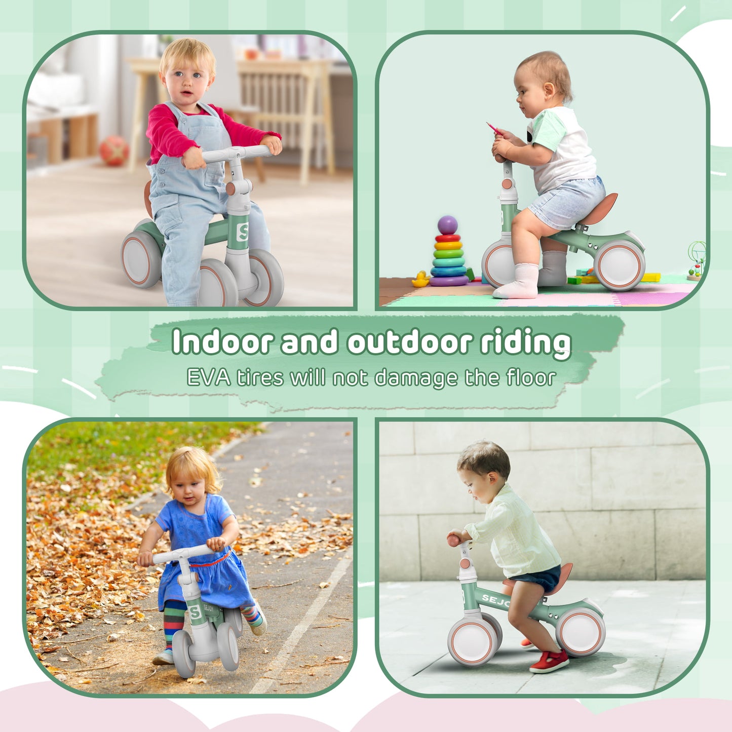 Sejoy Baby Balance Bike, Toddler Baby Bicycle with 4 Wheels 10-36 Months, Adjustable Handlebar Baby Outdoor Bike Riding Toy, First B-day Gift