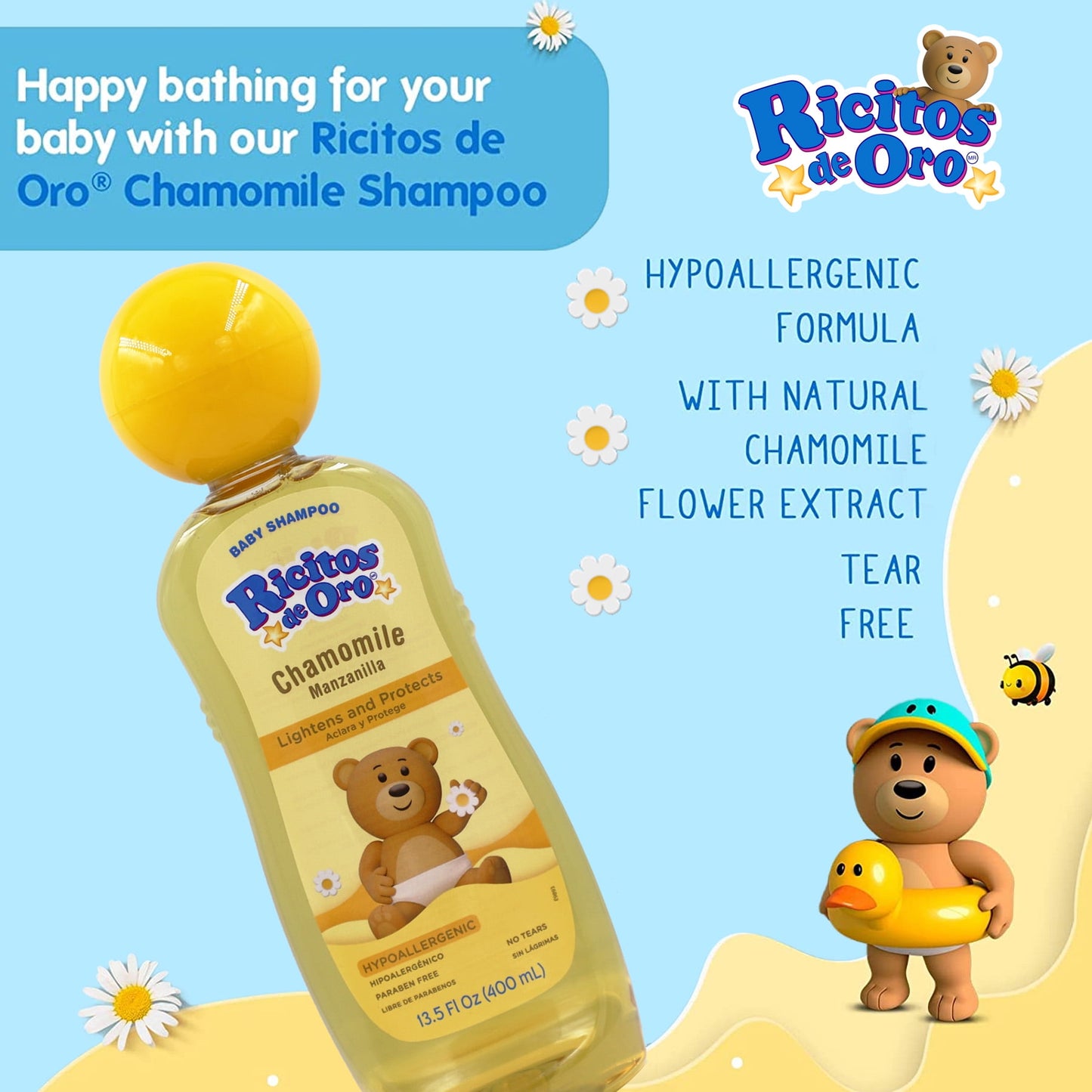 Ricitos de Oro Manzanilla Baby Shampoo Chamomile, Lightening Shampoo, Color Protection, 13.5 fl oz