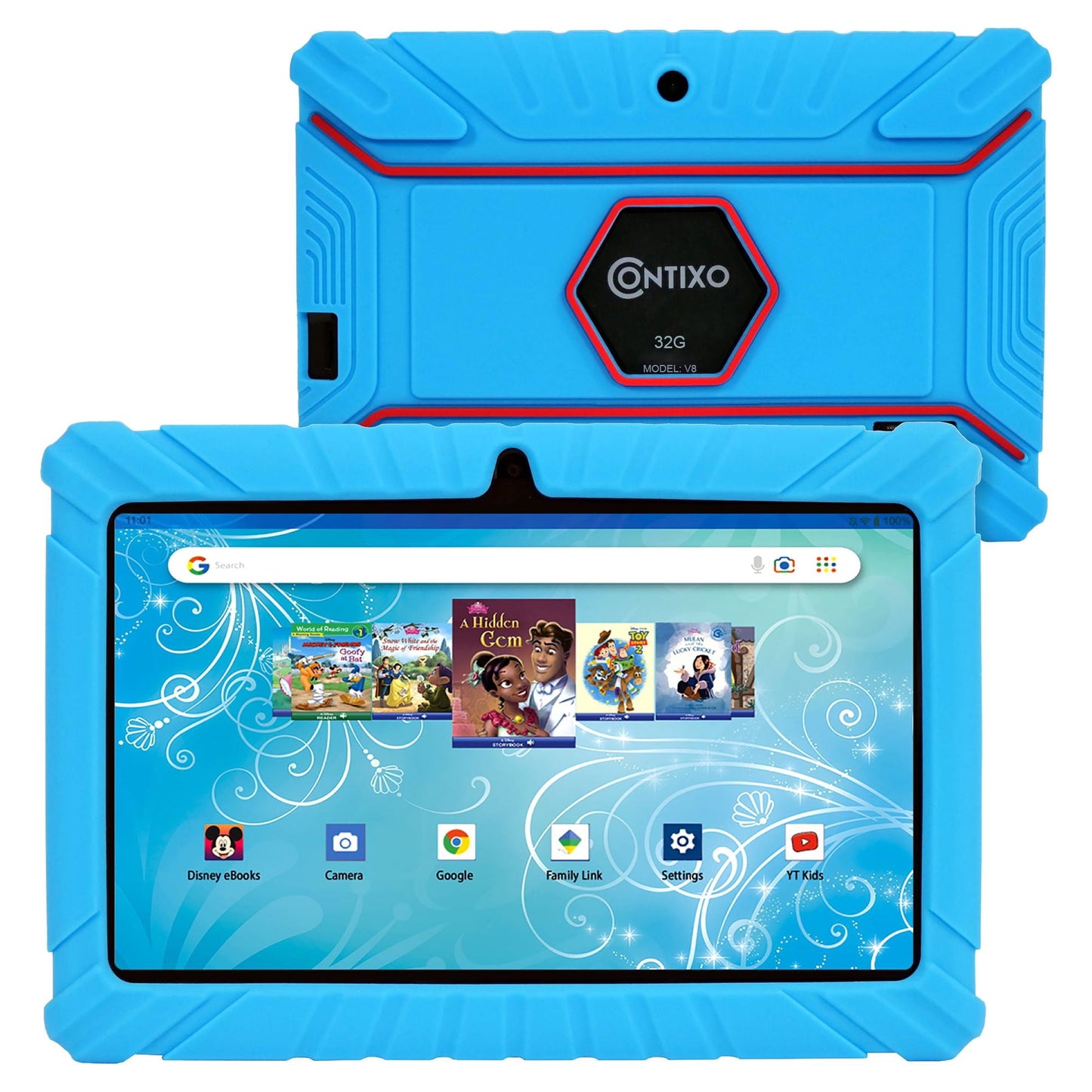 Contixo 7 inches Android Kids Tablet 32GB, Includes 50+ Disney Storybooks and Stickers , Kid-Proof Case, (2023 Model) - Blue