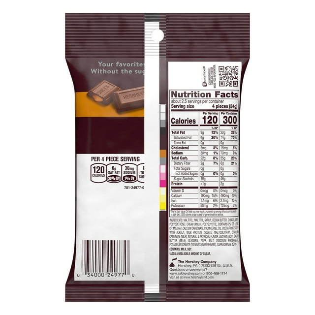 Hershey's Zero Sugar Caramel Filled Chocolate Candy, Bag 3 oz