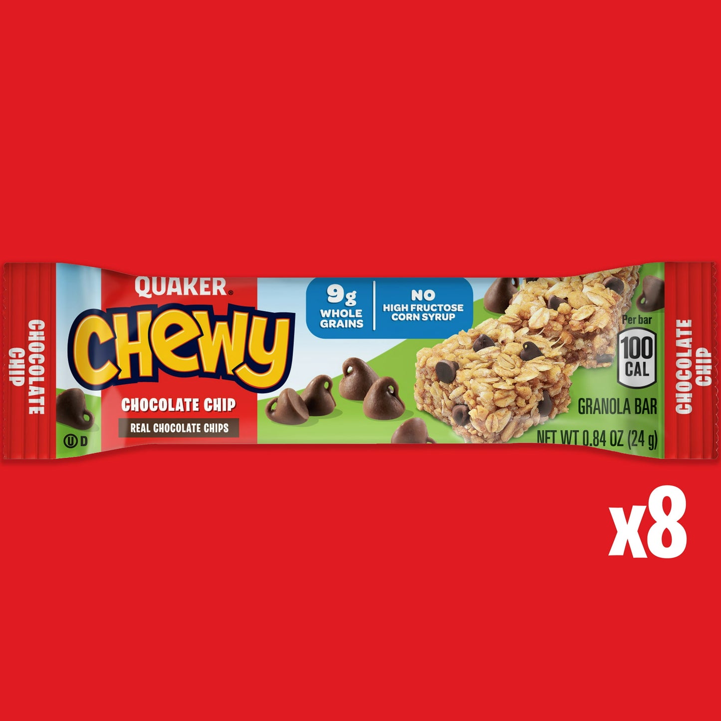 Quaker Chewy Granola Bars, Chocolate Chip, 0.84 oz Bars, 8 Count