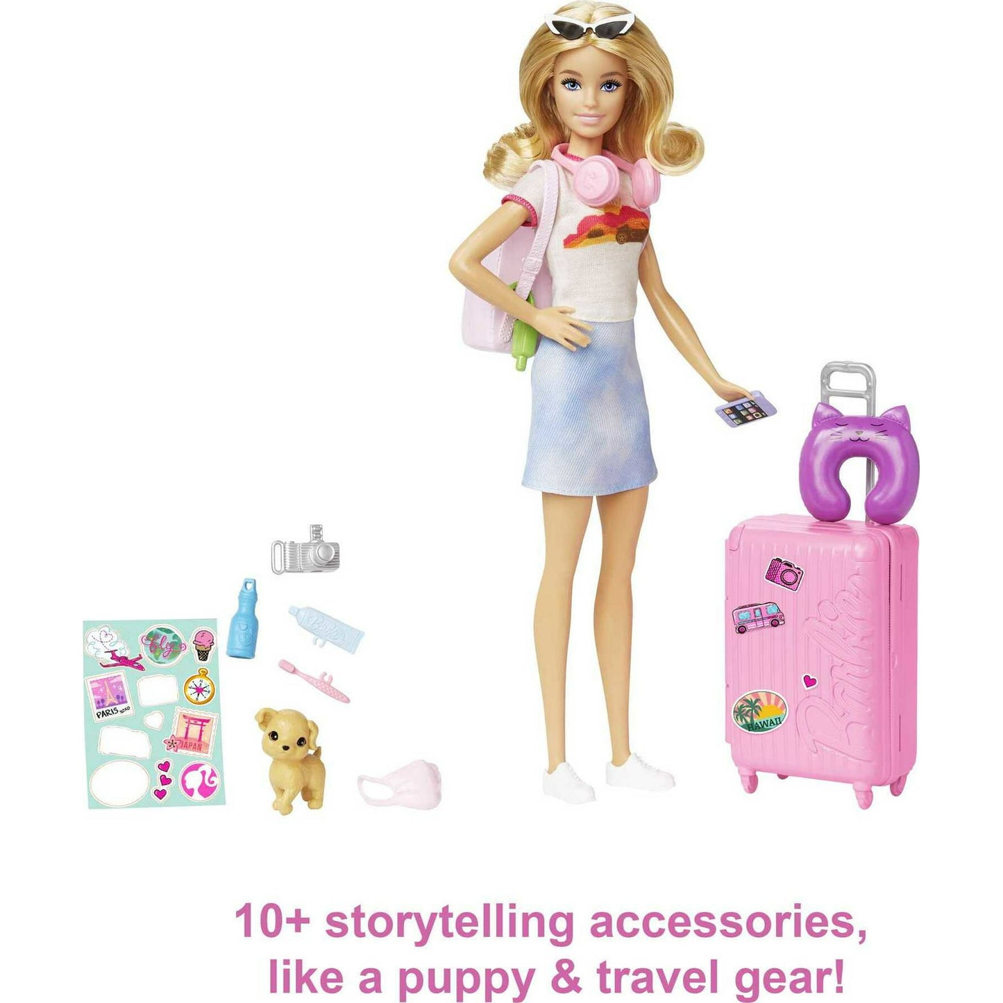 Barbie Malibu Doll and 10+ Accessories, Travel Set with Pink Working Suitcase, Blonde Fashion Doll