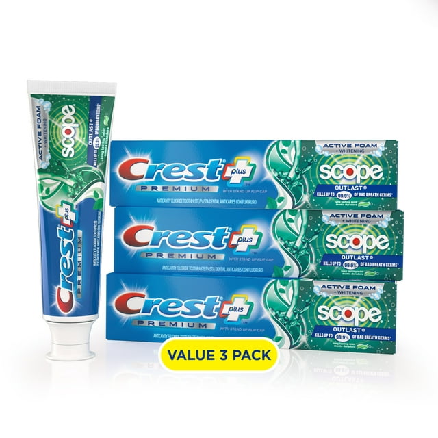 Crest Premium Plus Scope Outlast Toothpaste, Long Lasting Mint Flavor 5.2 oz, Pack of 3