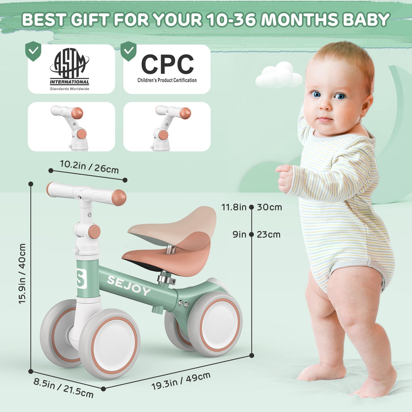 Sejoy Baby Balance Bike, Toddler Baby Bicycle with 4 Wheels 10-36 Months, Adjustable Handlebar Baby Outdoor Bike Riding Toy, First B-day Gift