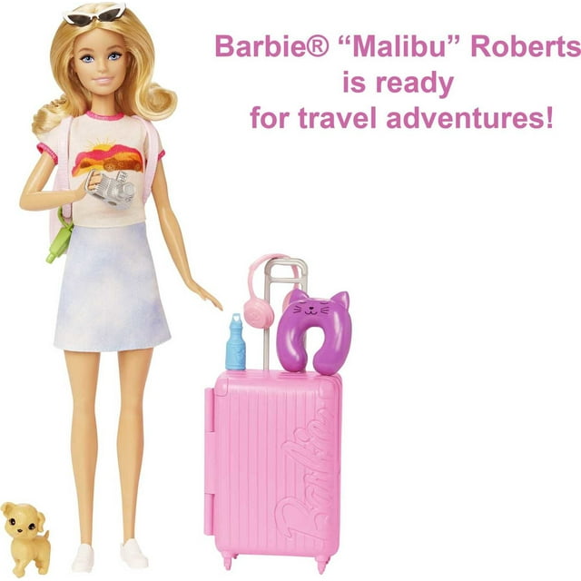 Barbie Malibu Doll and 10+ Accessories, Travel Set with Pink Working Suitcase, Blonde Fashion Doll