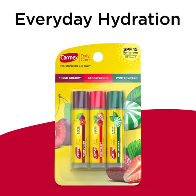 Carmex Daily Care Moisturizing Lip Balm Sticks, SPF 15, Multi-Flavor, 3 Count