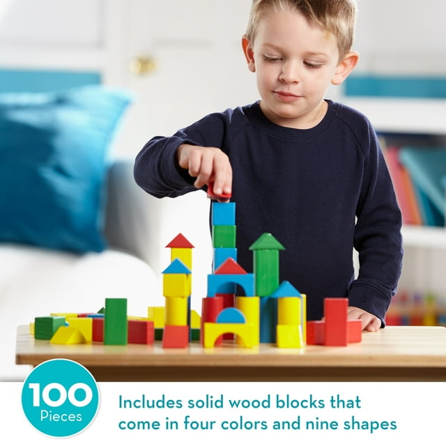 Melissa and Doug Wooden Building Blocks Set - 100 Blocks in 4 Colors and 9 Shapes - FSC-Certified Materials