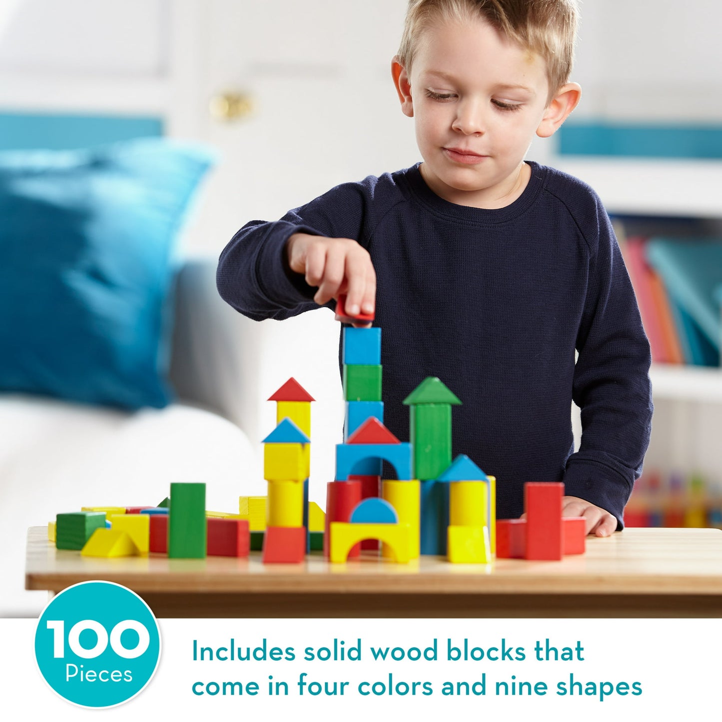Melissa and Doug Wooden Building Blocks Set - 100 Blocks in 4 Colors and 9 Shapes - FSC-Certified Materials