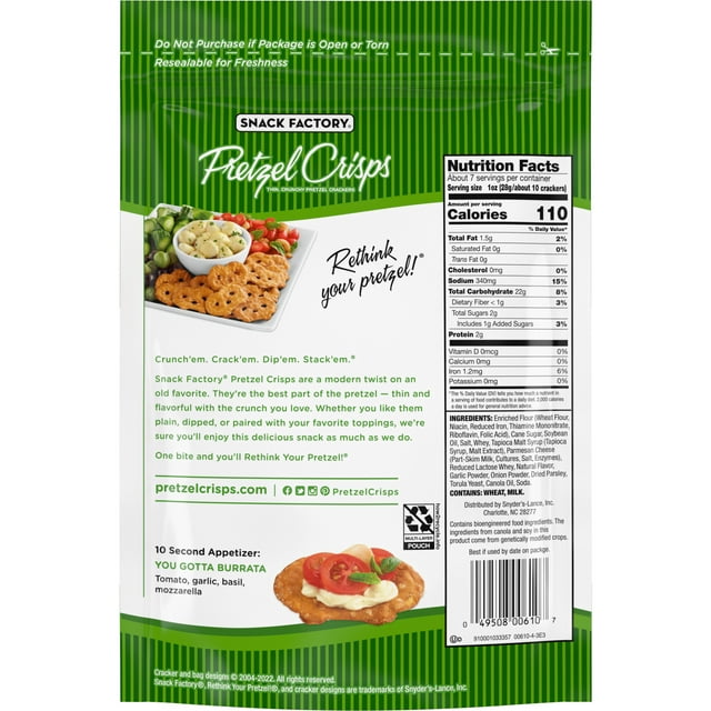 Snack Factory Garlic Parmesan Pretzel Crisps, 7.2 oz Resealable Bag