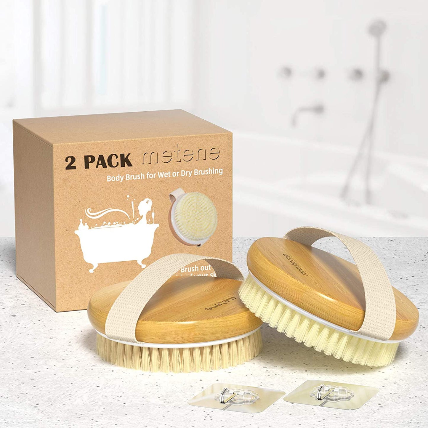 Metene 2 Pack Dry Body Brush, Shower Brush Wet and Dry Brushing, Dry Brush for Cellulite