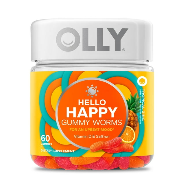 OLLY Hello Happy Gummy Worms, Mood Balance Support Supplement, Vitamin D, Tropical, 60 Ct