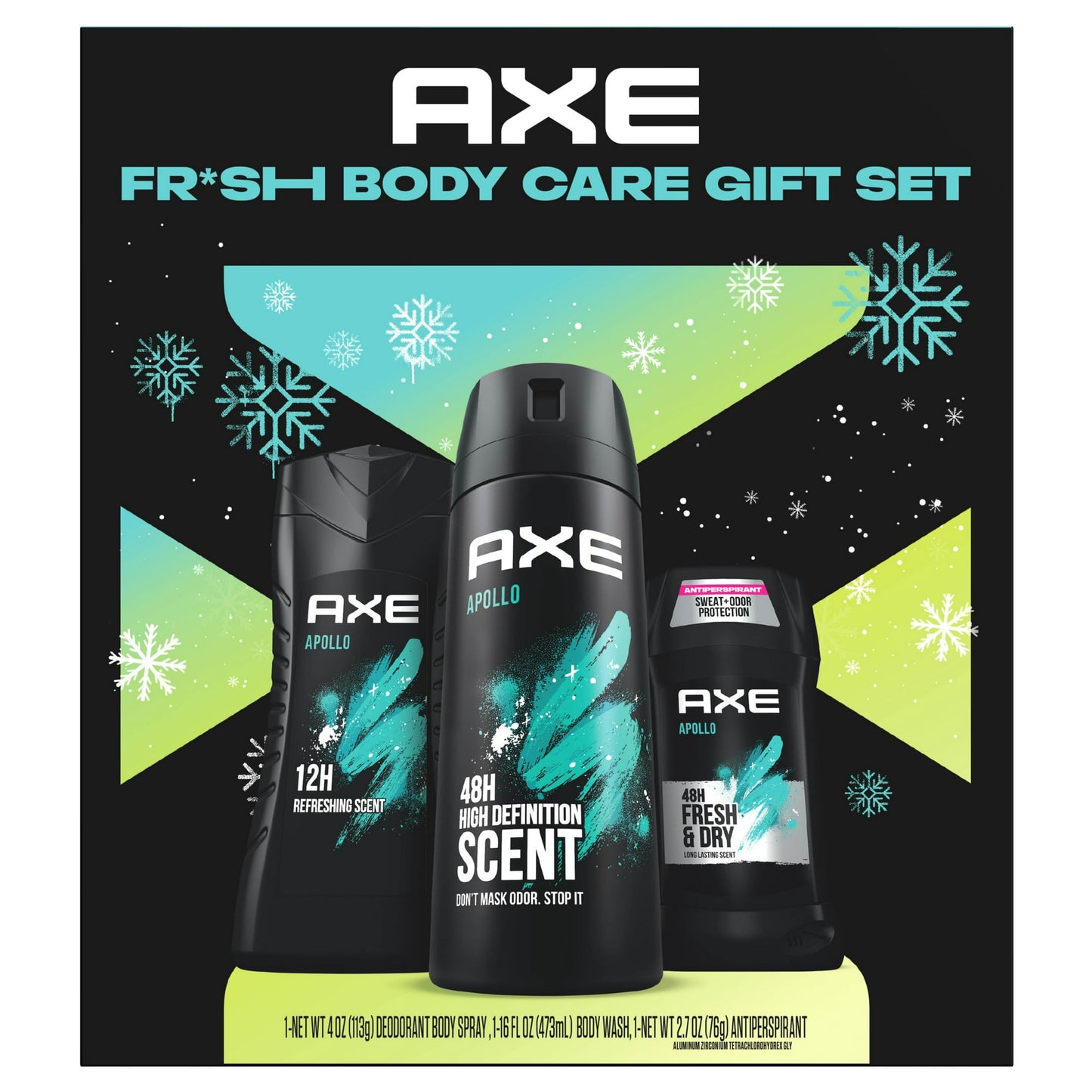 AXE Apollo Holiday Gift Pack for Men Includes Sage And Cedarwood Body Spray, Antiperspirant Deodorant Stick and Body Wash, 3 Count