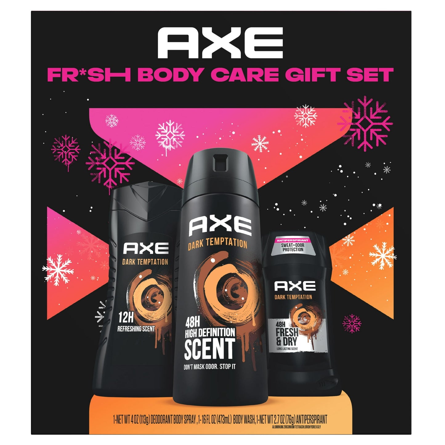 AXE Dark Temptation Holiday Gift Pack for Men Includes Dark Chocolate Scented Body Spray, Antiperspirant Stick, and Body Wash, 3 Count